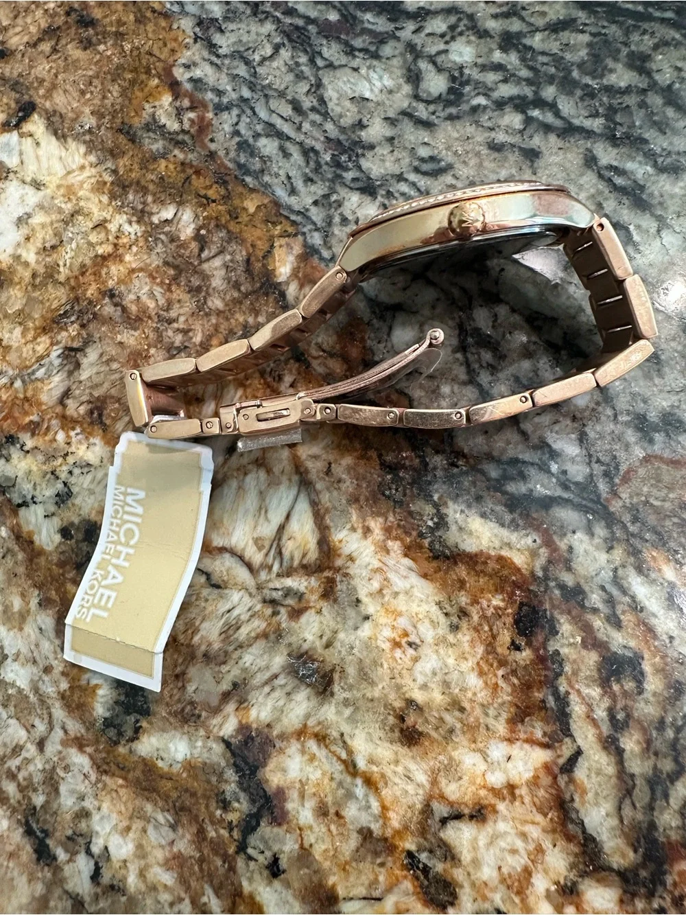Michael Kors Rose Gold Watch with Black Dial and Crystal Bezel